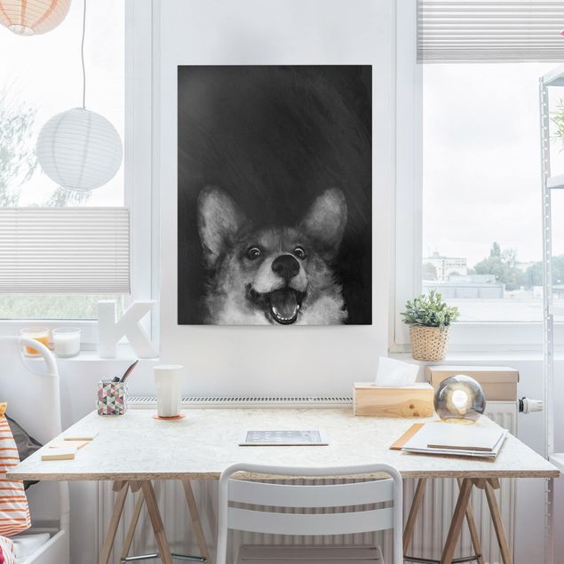 Canvas schilderijen Illustration Dog Corgi Paintig Black And White
