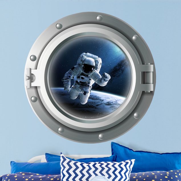 Muurstickers 3d 3D porthole - astronaut in space