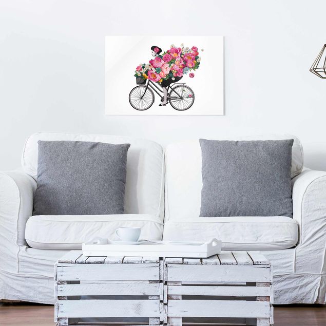 Glas Magnettafel Illustration Woman On Bicycle Collage Colourful Flowers
