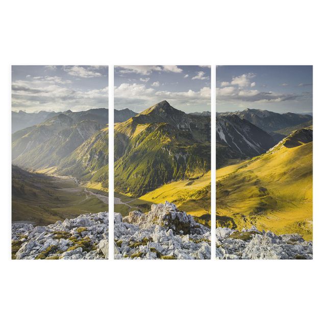 Canvas schilderijen - 3-delig Mountains And Valley Of The Lechtal Alps In Tirol