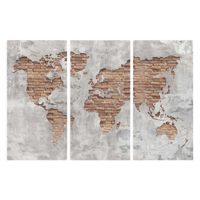 Canvas schilderijen - 3-delig Shabby Concrete Brick World Map