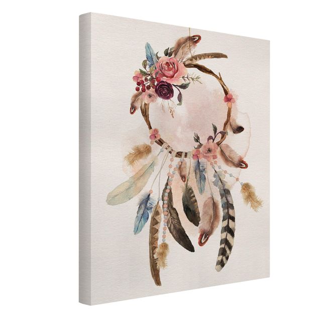 Canvas schilderijen Dream Catcher With Roses And Feathers