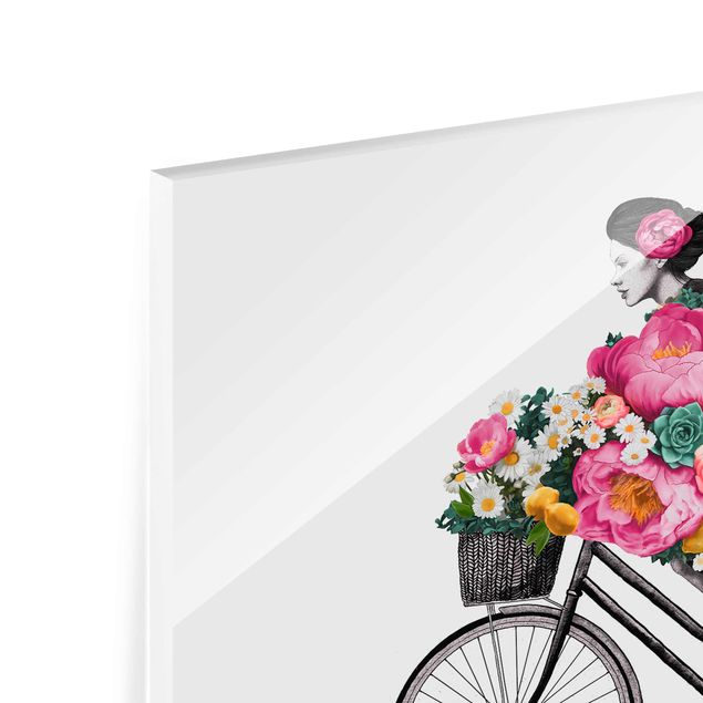 Glasschilderijen Illustration Woman On Bicycle Collage Colourful Flowers