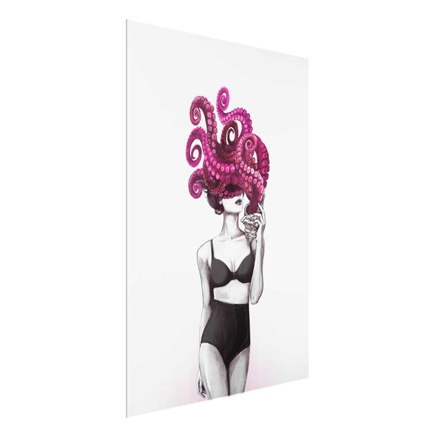 Glasschilderijen Illustration Woman In Underwear Black And White Octopus