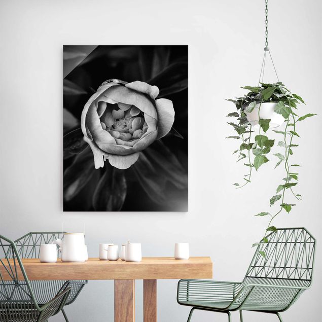 Magnettafel Glas Peonies In Front Of Leaves Black And White