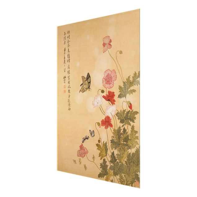 Glasschilderijen Yuanyu Ma - Poppy Flower And Butterfly
