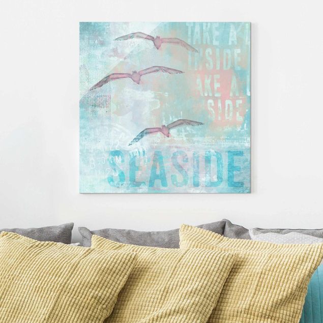 Glas Magnettafel Shabby Chic Collage - Seagulls