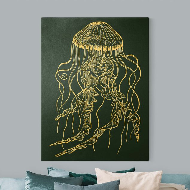Canvas schilderijen - Goud Illustration Dancing Jellyfish On Black