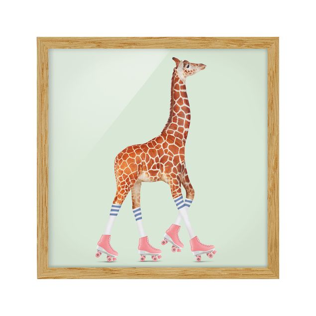 Ingelijste posters Giraffe With Roller Skates