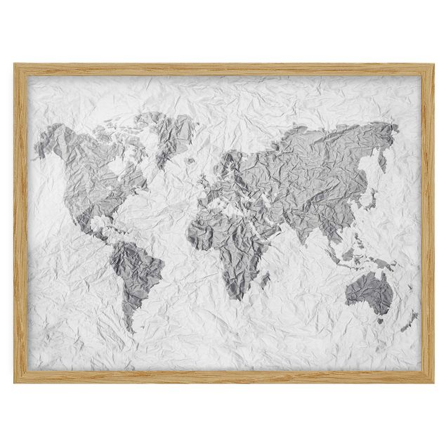 Ingelijste posters Paper World Map White Grey