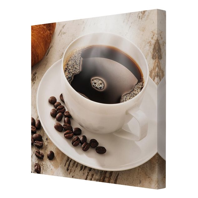 Canvas schilderijen Steaming coffee cup with coffee beans