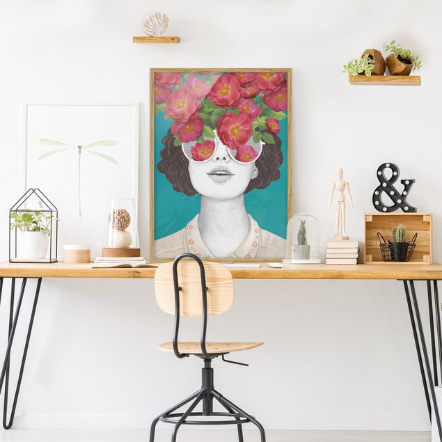 Ingelijste posters Illustration Portrait Woman Collage With Flowers Glasses