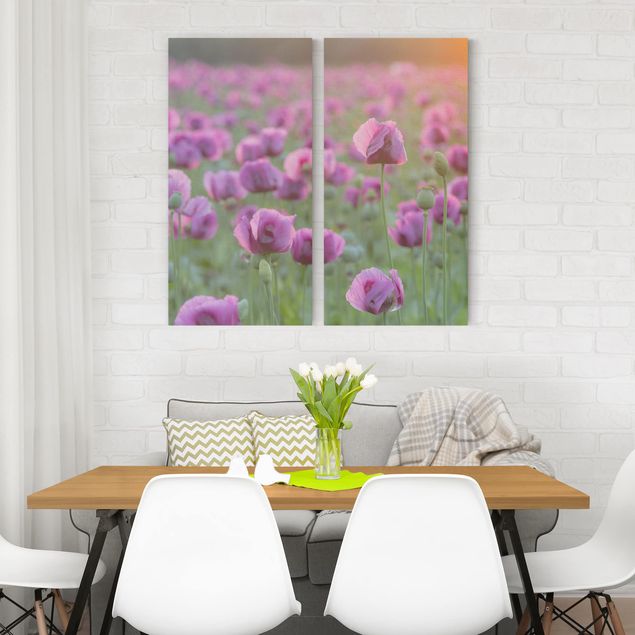 Canvas schilderijen - 2-delig  Purple Poppy Flower Meadow In Spring