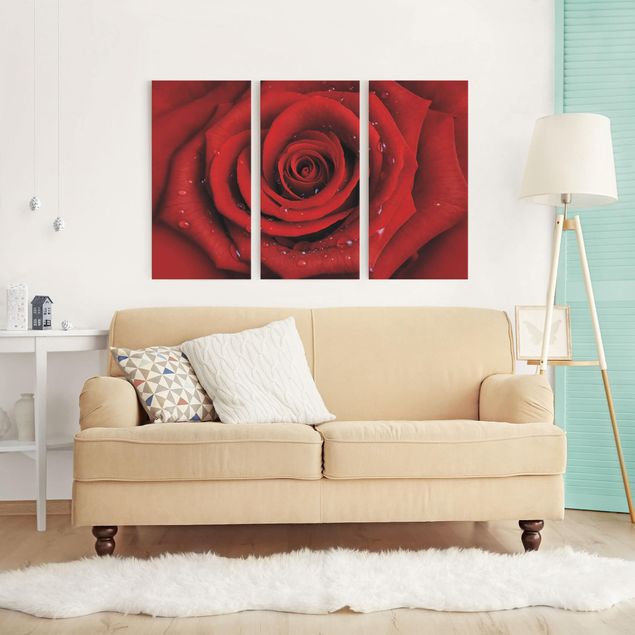 Canvas schilderijen - 3-delig Red Rose With Water Drops