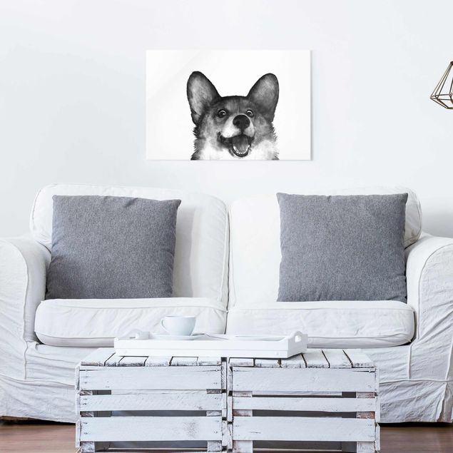 Glas Magnettafel Illustration Dog Corgi Black And White Painting