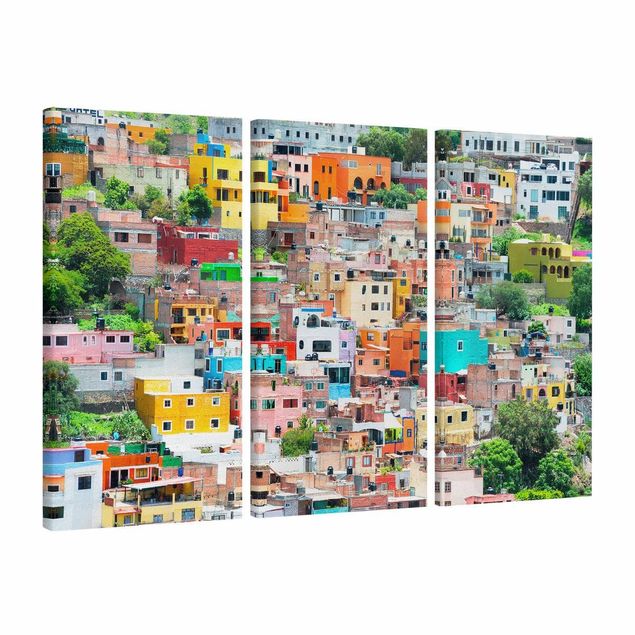 Canvas schilderijen - 3-delig Coloured Houses Front Guanajuato
