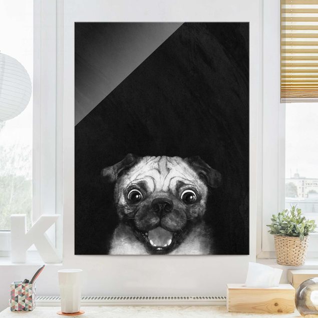 Glasschilderijen Illustration Dog Pug Painting On Black And White