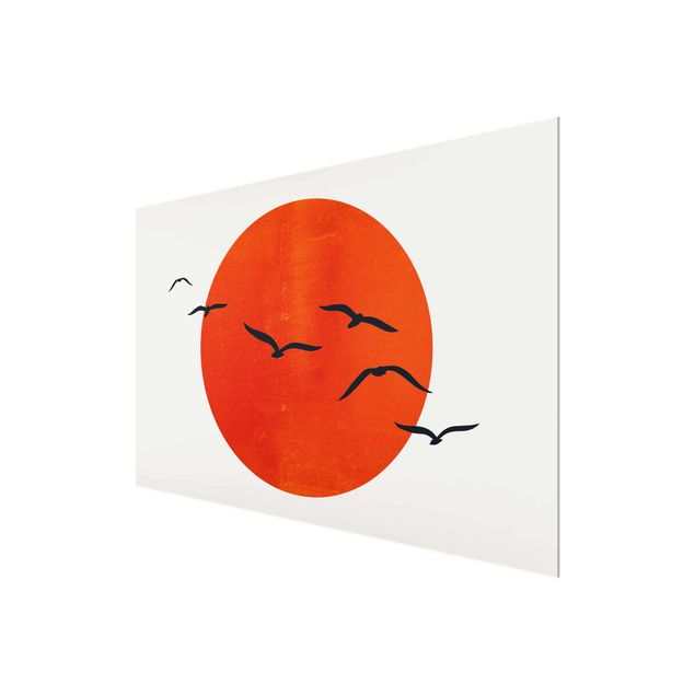 Glasschilderijen Flock Of Birds In Front Of Red Sun I