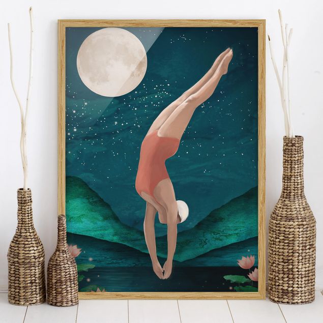 Ingelijste posters Illustration Bather Woman Moon Painting