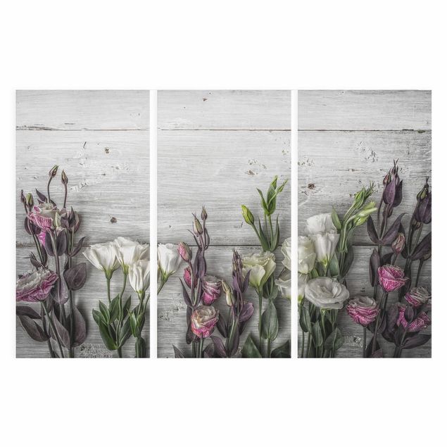 Canvas schilderijen - 3-delig Tulip Rose Shabby Wood Look