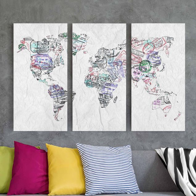 Canvas schilderijen - 3-delig Passport Stamp World Map