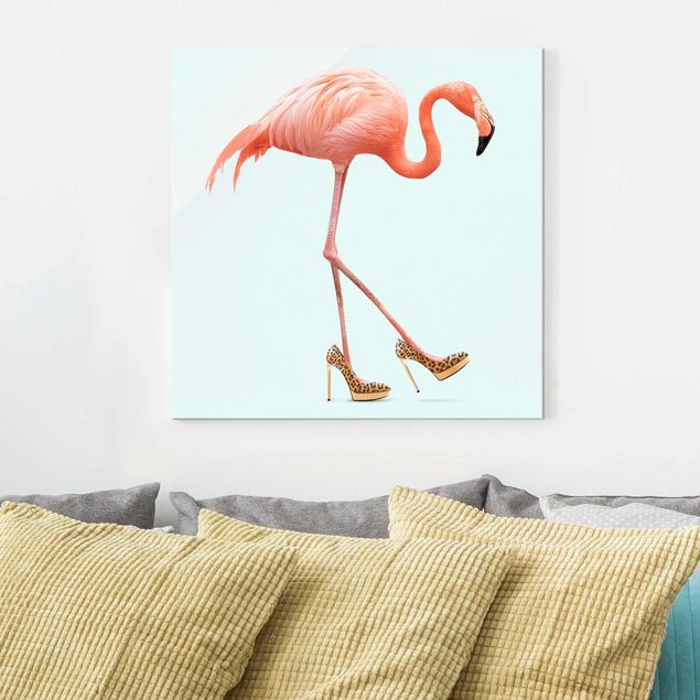 Glas Magnettafel Flamingo With High Heels