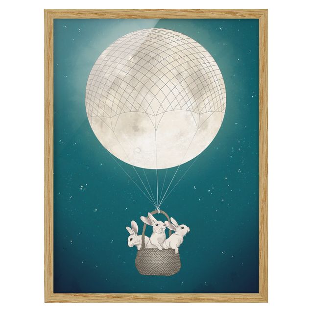 Ingelijste posters Illustration Rabbits Moon As Hot-Air Balloon Starry Sky