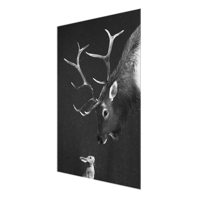 Glasschilderijen Illustration Deer And Rabbit Black And White Drawing