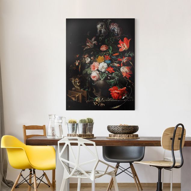 Canvas schilderijen Abraham Mignon - The Overturned Bouquet