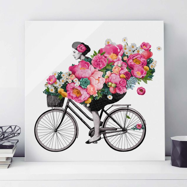 Glasschilderijen Illustration Woman On Bicycle Collage Colourful Flowers