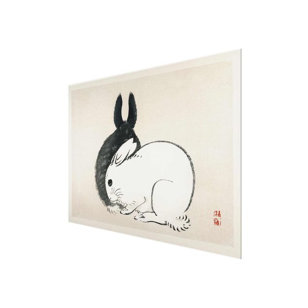 Glasschilderijen Asian Vintage Drawing Two Bunnies