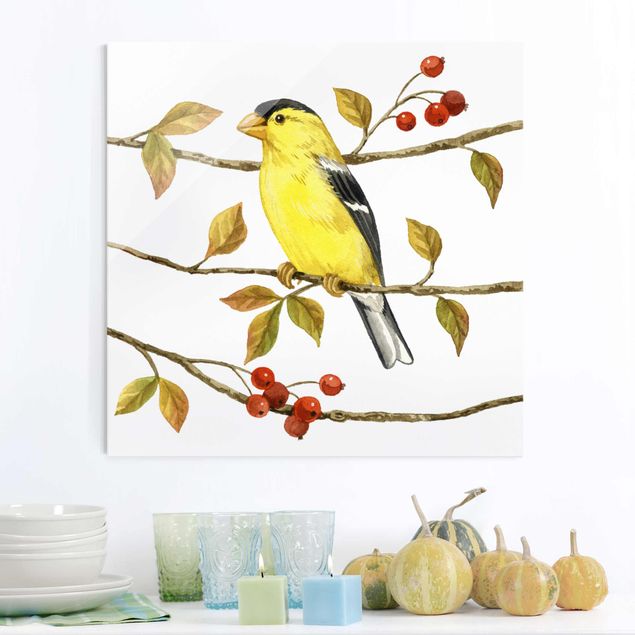 Glas Magnettafel Birds And Berries - American Goldfinch
