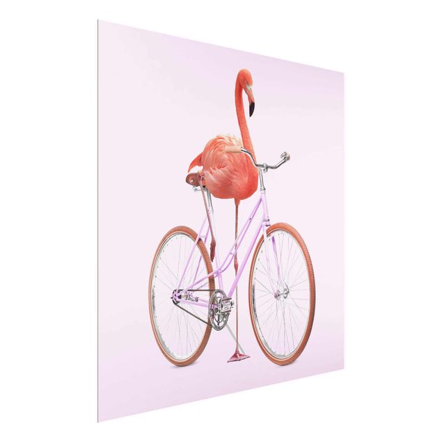Glasschilderijen Flamingo With Bicycle