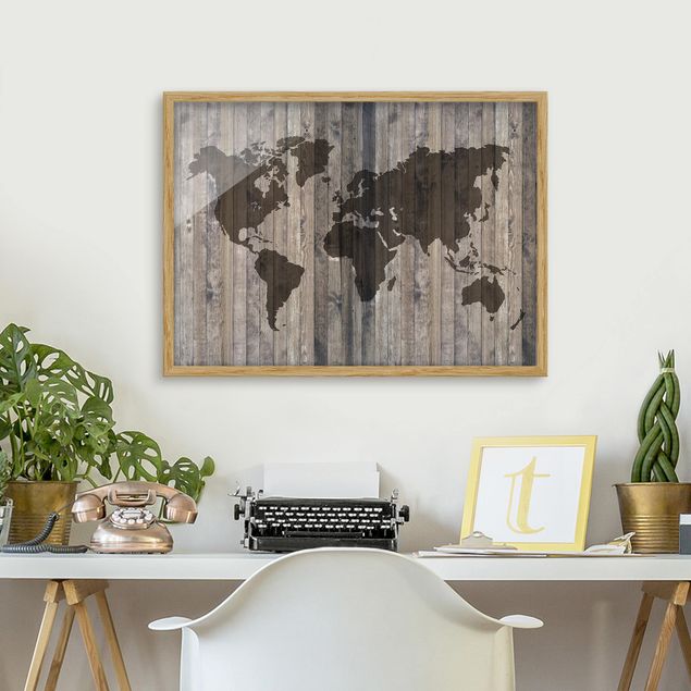 Ingelijste posters Wood World Map