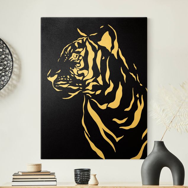 Canvas schilderijen - Goud Safari Animals - Portrait Tiger Black