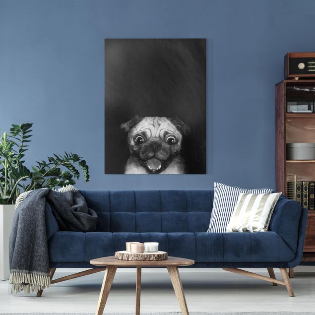 Canvas schilderijen Illustration Dog Pug Painting On Black And White