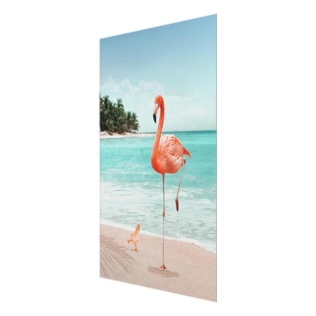 Glasschilderijen Beach With Flamingo