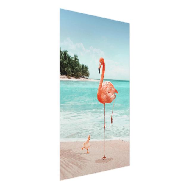 Glasschilderijen Beach With Flamingo