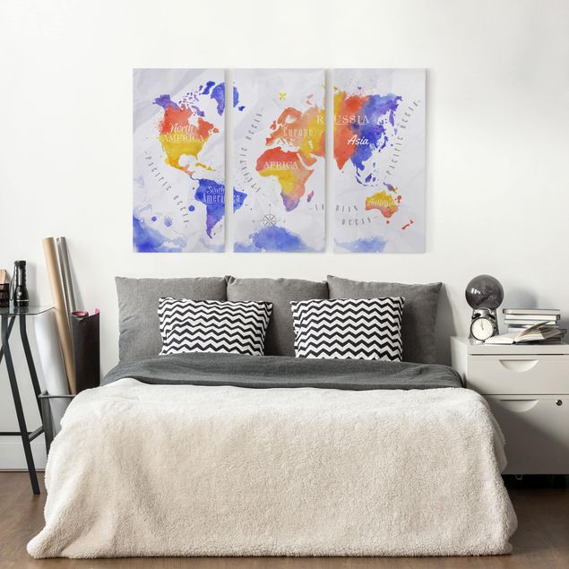 Canvas schilderijen - 3-delig World Map Watercolour Purple Red Yellow