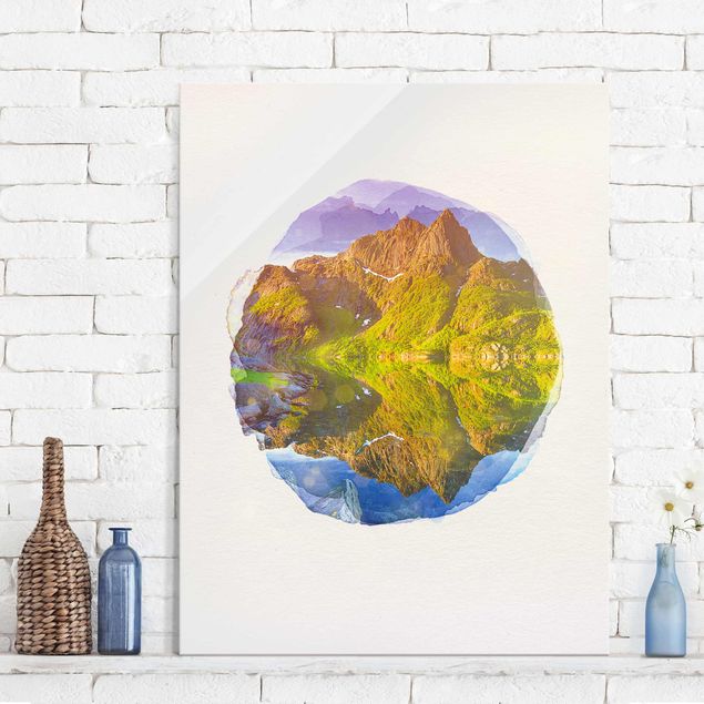 Glasschilderijen WaterColours - Mountain Landscape With Water Reflection In Norway