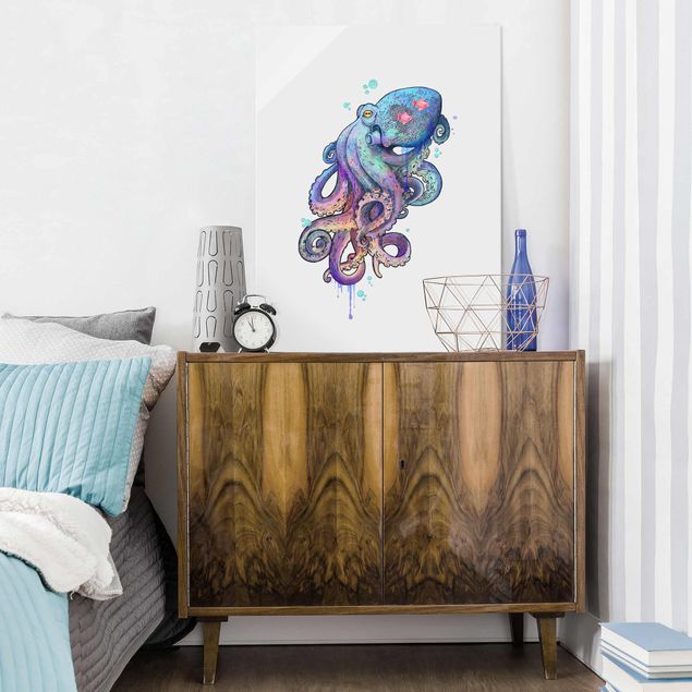 Glasschilderijen Illustration Octopus Violet Turquoise Painting
