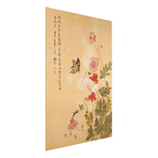 Glasschilderijen Yuanyu Ma - Poppy Flower And Butterfly