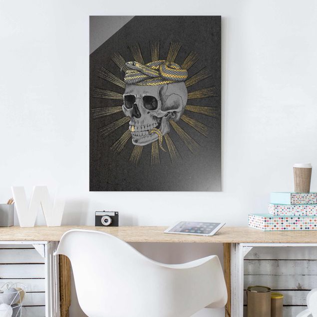 Magnettafel Glas Illustration Skull And Snake Black Gold