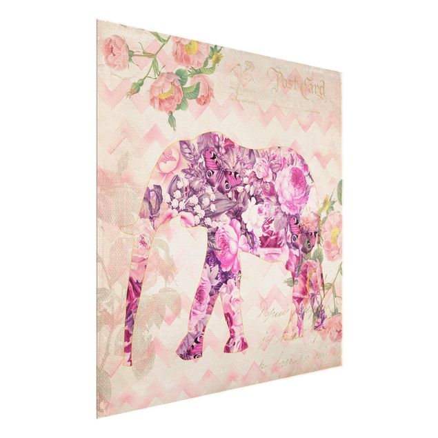 Glasschilderijen Vintage Collage - Pink Flowers Elephant