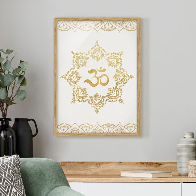 Ingelijste posters Mandala OM Illustration Ornament White Gold