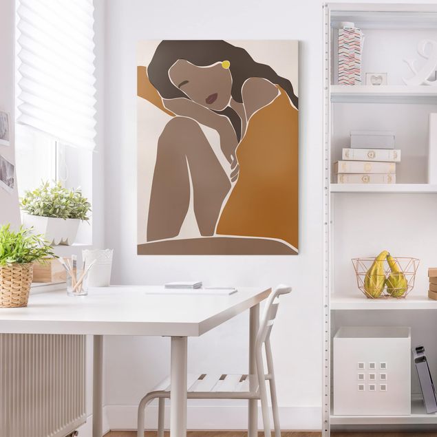 Canvas schilderijen Line Art Woman Brown Beige