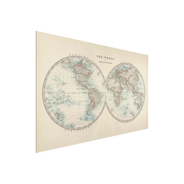 Glasschilderijen Vintage World Map The Two Hemispheres