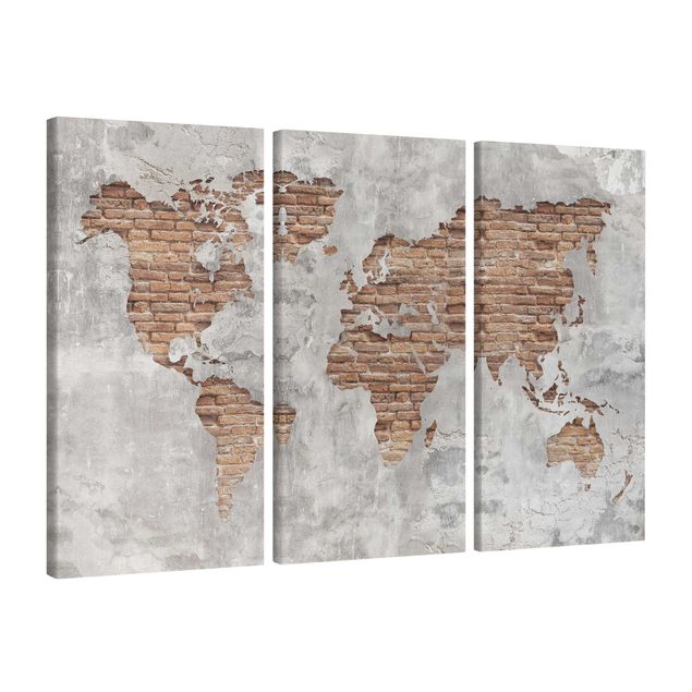 Canvas schilderijen - 3-delig Shabby Concrete Brick World Map