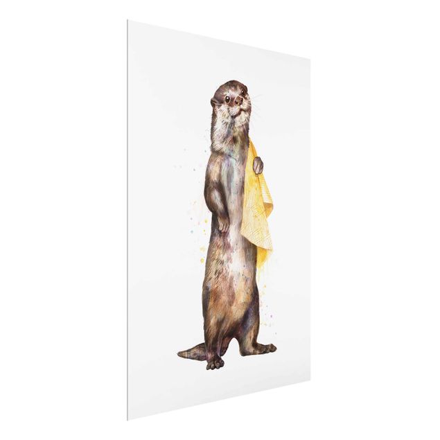 Glasschilderijen Illustration Otter With Towel Painting White