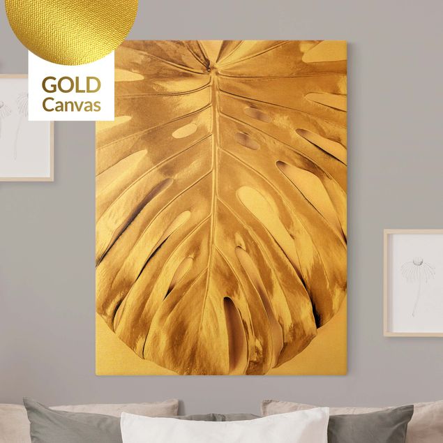 Canvas schilderijen - Goud Golden Monstera Leaves On Pink